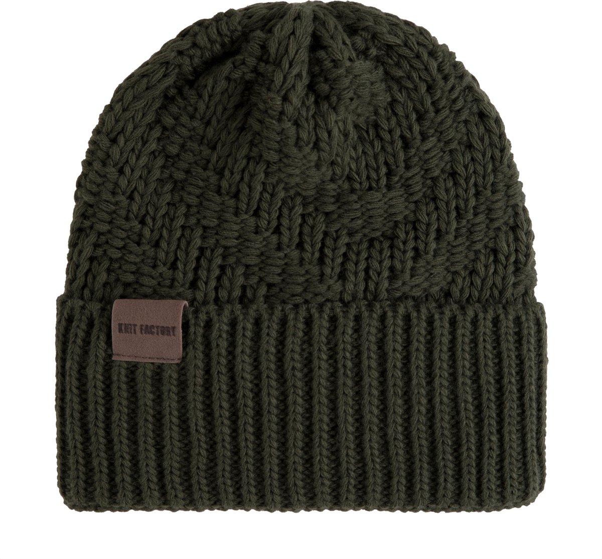 Knit Factory Sally Gebreide Muts Heren & Dames - Beanie hat - Khaki - Grofgebreid - Warme donkergroene Wintermuts - Unisex - One Size