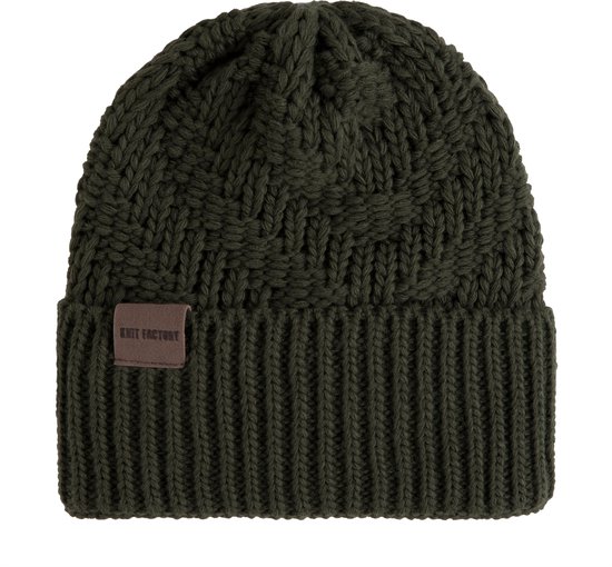 Knit Factory Sally Gebreide Muts Heren & Dames - Beanie hat - Khaki - Grofgebreid - Warme donkergroene Wintermuts - Unisex - One Size