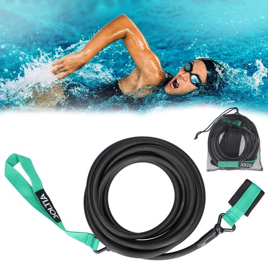 JOLTIA - Premium Zwemelastiek 500+ - Zwemtraining - Zwem elastiek met weerstand - Resistance cords - Voor Volwassenen - Zwembad - Zwemelastieken met Riem - Weerstandsband - Weerstandstube - Trainingsbanden - 4 meter - Zwart/Groen - Incl. Opbergzakje