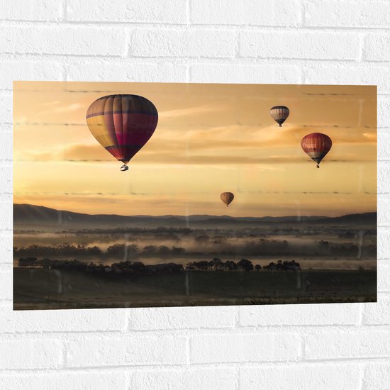 WallClassics - Muursticker - Luchtballonen Zwevend boven Open Veld - 75x50 cm Foto op Muursticker