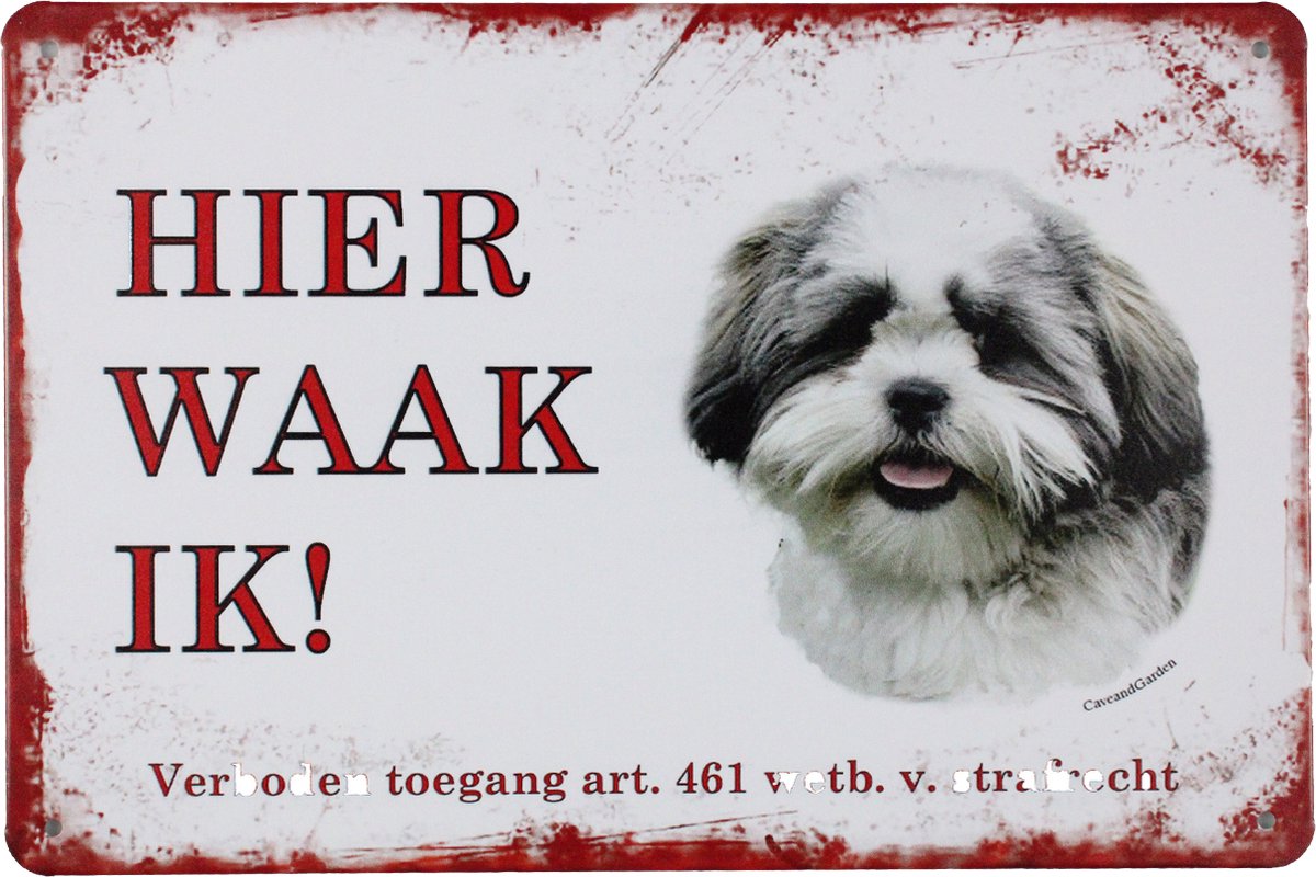 Hier waak ik Shih tzu - Metalen bord - Wandbord - Wand bord - Decoratie - Cadeau - 20 x 30cm - UV bestendig - Wandborden - Metalen borden - Eco vriendelijk - Uniek - Honden bordje - Waak bordje - Cave & Garden