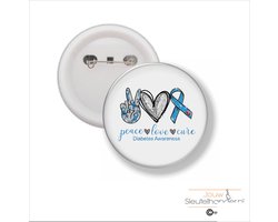 Button Met Speld 58 MM - Peace Love Cure Diabetes Awareness