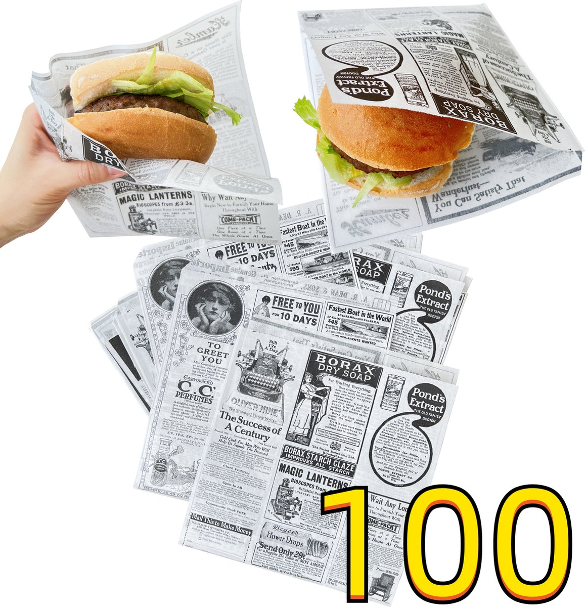 Rainbecom - 100 Stuks - 19 x 17 cm - Hamburger Zakje Papier - Vetvrij Papier - Papieren Zak voor Sandwiches - Krant