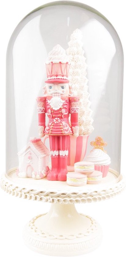 notenkraker stolp kerst - 41 cm hoog - roze/wit kunststof - glazen stolp - kerstdecoratie