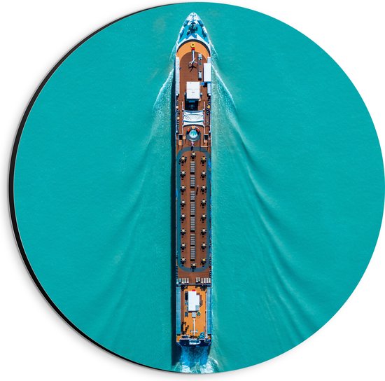 WallClassics - Dibond Muurcirkel - Bovenaanzicht van Groot Vrachtschip - 20x20 cm Foto op Aluminium Muurcirkel (met ophangsysteem)