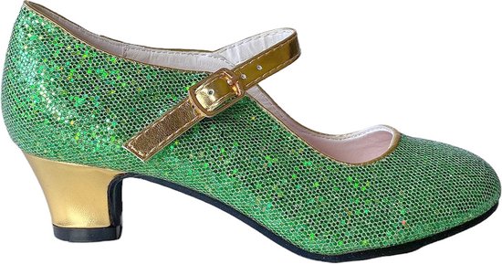 Prinsessen schoentjes Spaanse schoenen met hakje groen goud - Maat 30 (binnenmaat 19,5 cm) bij Anna prinsessenjurk - speelgoed schoenen -