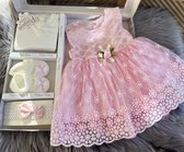 Baby jurk - feestjurk-doopjurk - doopkleding -dooppakje- doopschoentjes- pasgeboren-new born-baby geschenkset-geborduurde bloemenjurk -roze feestjurk-maat 56/62