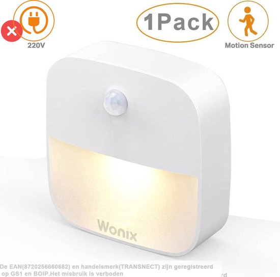 Wonix ® - Nachtlampje - met Bewegingssensor - met Dag en Nacht Sensor - Werkt op 3 AAA batterijen - voor Volwassenen, Babykamer, Slaapkamer - 1 Stuk
