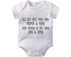 Hospitrix Baby Rompertje met Tekst Als het niet mag van mama & papa dan vraag ik het aan oma & opa | Maat M | 3-6 maanden | 62/28 | Korte Mouw | Cadeau voor Zwangerschap | Bekendmaking | Aankondiging | Aanstaande Moeder | Moederdag