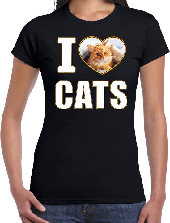 I love cats t-shirt met dieren foto van een rode kat zwart voor dames - cadeau shirt katten liefhebber XXL