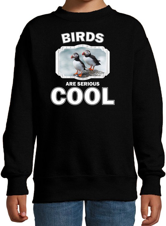 Dieren vogels sweater zwart kinderen - birds are serious cool trui jongens/ meisjes - cadeau papegaaiduiker vogel/ vogels liefhebber - kinderkleding / kleding 170/176