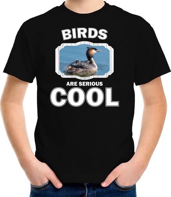 Dieren vogels t-shirt zwart kinderen - birds are serious cool shirt  jongens/ meisjes - cadeau shirt fuut vogel/ vogels liefhebber - kinderkleding / kleding 122/128