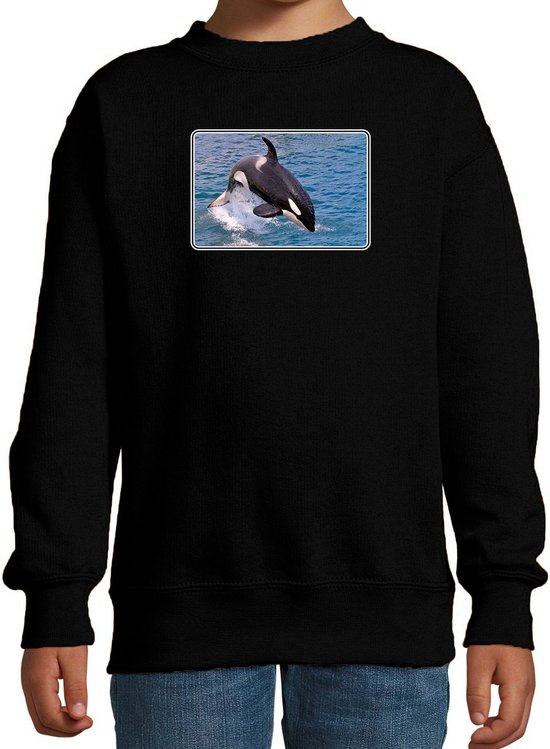 Dieren sweater met orka walvissen foto - zwart - voor kinderen - natuur / orka cadeau trui - kleding / sweat shirt 134/146