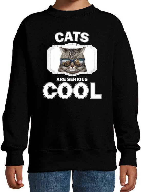 Dieren katten sweater zwart kinderen - cats are serious cool trui jongens/ meisjes - cadeau coole poes/ katten liefhebber - kinderkleding / kleding 122/128