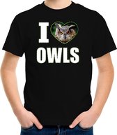 I love owls t-shirt met dieren foto van een uil zwart voor kinderen - cadeau shirt uilen liefhebber - kinderkleding / kleding 146/152