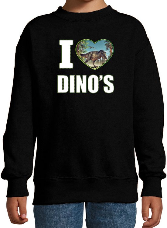 I love dino's sweater met dieren foto van een dino zwart voor kinderen - cadeau trui T-Rex dinosaurus liefhebber - kinderkleding / kleding 98/104