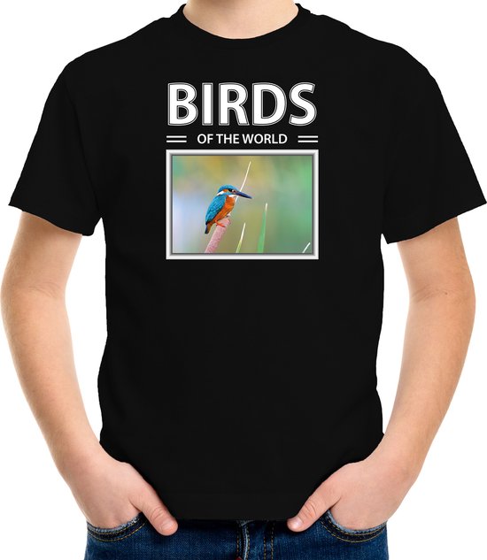Dieren foto t-shirt IJsvogel - zwart - kinderen - birds of the world - cadeau shirt vogel liefhebber - kinderkleding / kleding 134/140