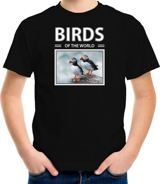 Dieren foto t-shirt Papegaaiduiker vogel - zwart - kinderen - birds of the world - cadeau shirt vogel liefhebber - kinderkleding / kleding 134/140