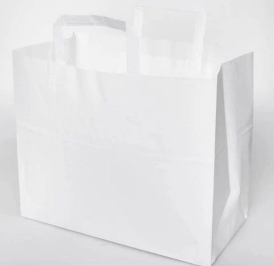 Papieren Draagtassen | Witte papierdraagtassen | 26 + 17 x 25 cm | BIO | Milieuvriendelijk | To go tasjes | Maaltijd tasjes | 60 stuks | papieren zakjes | cadeautasjes | papieren draagtas