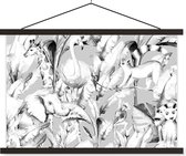 Porte-affiche avec affiche - Affiche scolaire - Animaux de la jungle aquarelle avec des plantes sur fond gris clair - noir et blanc - 150x100 cm - Lattes noires