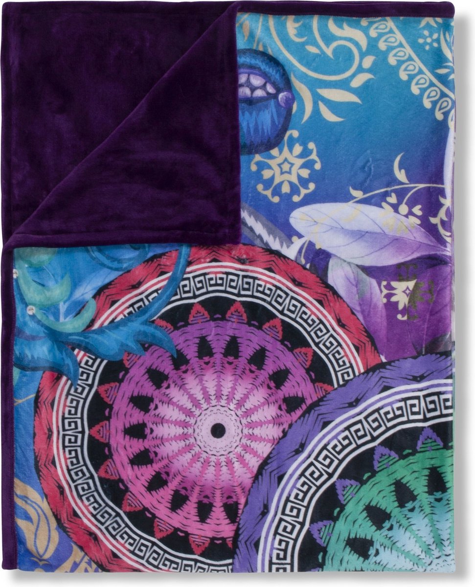 Plaid 130x160 cm - Mandala en Bloemen Print - Paars en Groen - Polyester - Voor 1 Persoon