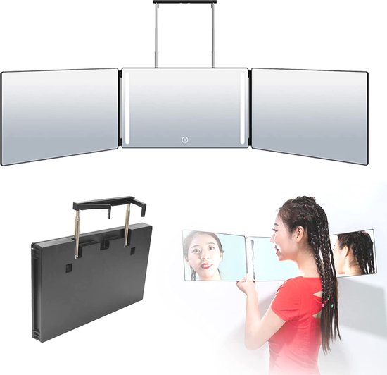 PEALOV Self Cut Mirror 3 zijden, 360° kappersspiegel, met ledlicht,... | bol.com