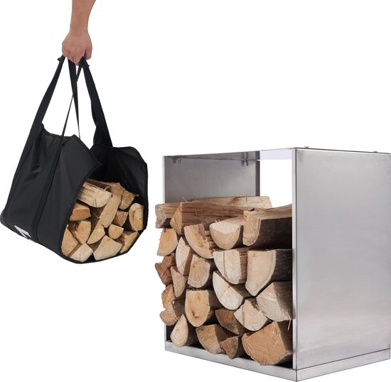 Houtopslagrek, Houtopslagrek Met 4 Openhaardgereedschappen, 69 Cm X 42 Cm X 38 Cm Houtopslagstandaard Voor Binnen En Buitengebruik Houtrek Voor Openhaard Kachel Bestek Smeedijzer Zwart