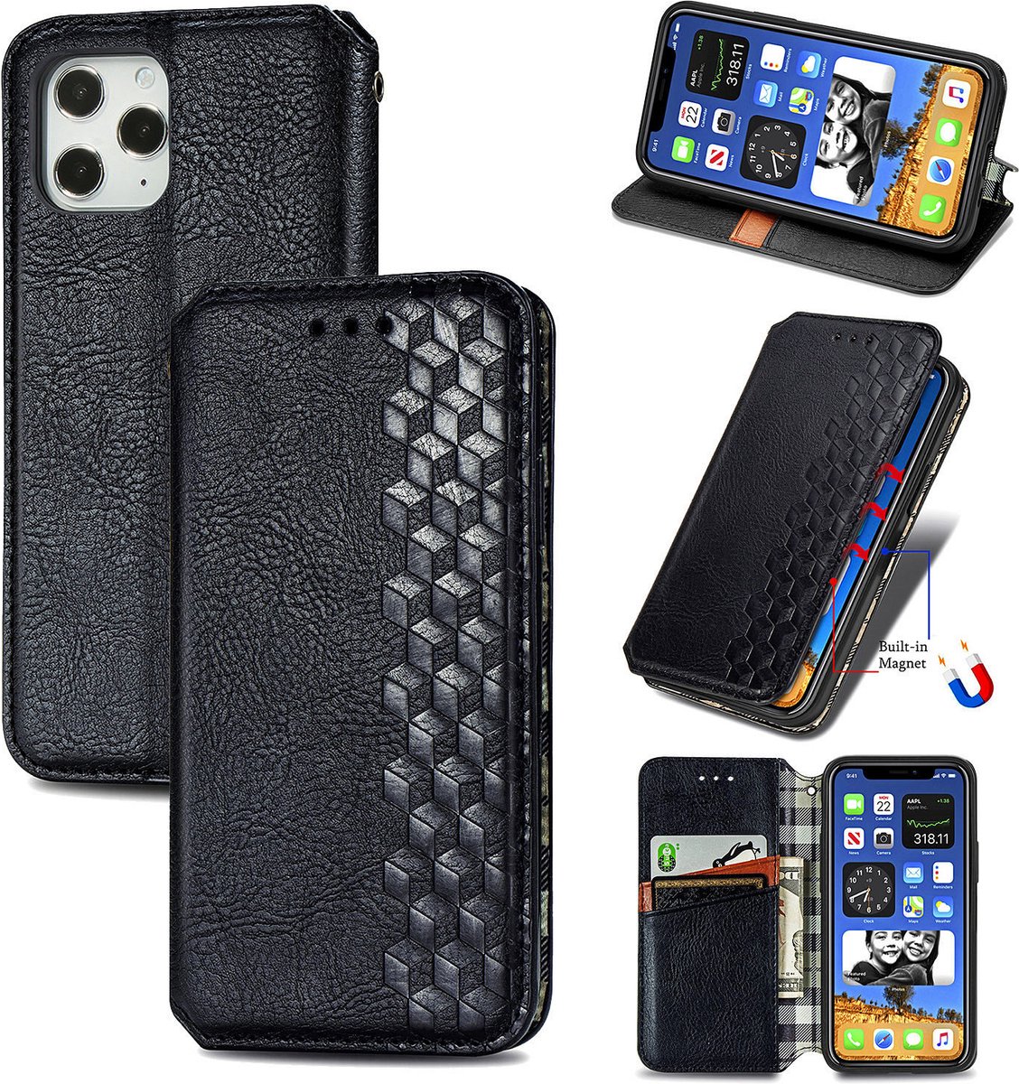 Luxe PU Lederen Ruitpatroon Wallet Case + Screenprotector voor iPhone 12 Pro Max _ Zwart