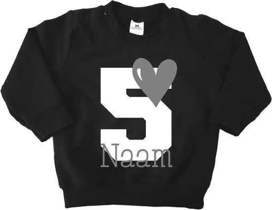 Verjaardag sweater hart met naam-5 jaar-zwart-Maat 110/116