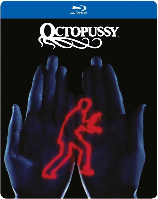 Octopussy Blu-ray. Twee blauwe handen vormen een achtergrond voor een rood gloeiende, gestileerde figuur van James Bond, die een pistool vasthoudt.