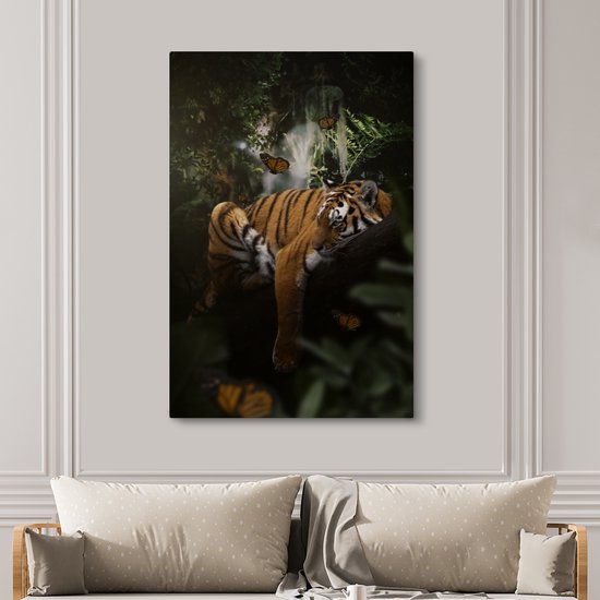 Toile - Nature - Papillon - Tigre - Jungle - Décoration murale - 120x180 cm - Intérieur toile
