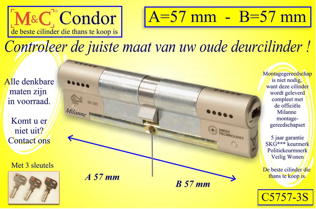 M&C Condor - High Security deurcilinder - SKG*** - 57x57 mm - Politiekeurmerk Veilig Wonen - inclusief gereedschap montageset