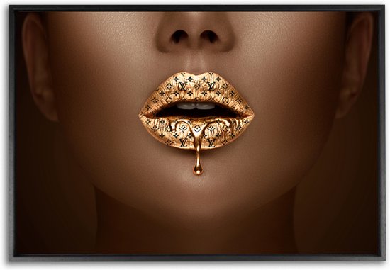 PosterGuru - Canvas Schilderij Golden Woman - LV - Gouden Lippen - 100 x 81 cm (incl baklijst)