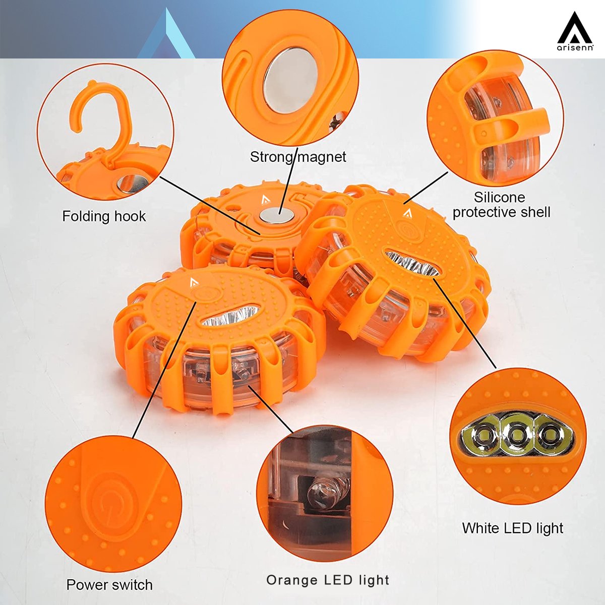 Arisenn® Noodverlichting Zwaailamp 12 LED (rood) Oranje behuizing met magneet - 9 lichtstanden zwaailicht nood en waarschuwings licht | felle noodlamp | incl. magneet | Alarmlicht | Magnetische noodverlichting