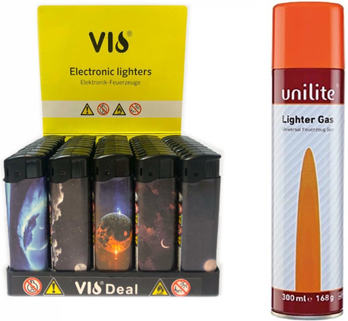 Goedkoopste Aanstekers - 50 STUKS in tray - Unilite - planeten print - navulbaar klik aansteker gas fles
