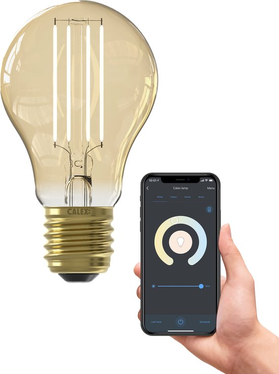 Calex Ampoule Intelligente - Eclairage filament LED Wifi - E27 - Source lumineuse Dorée - Dimmable - Lumière blanche Chaude - 7W