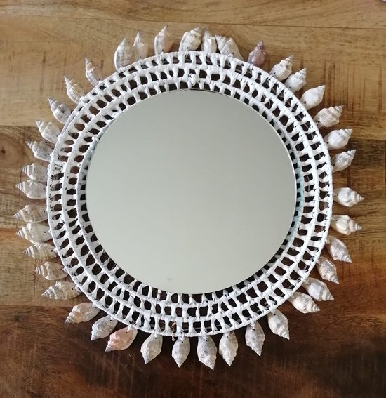 Balivie - Miroir - Nature - Paille tressée - avec couronne de coquillage -  Ø28x1,5 cm | bol