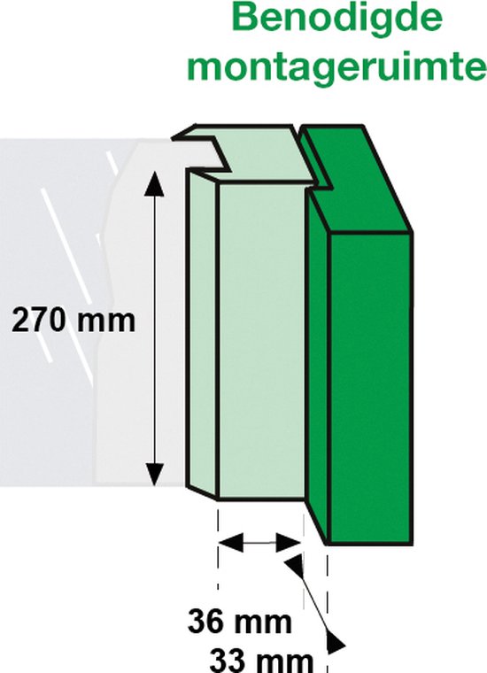 Technische tekening met afmetingen: 270mm hoogte, 36mm en 33mm breedte, met hor.