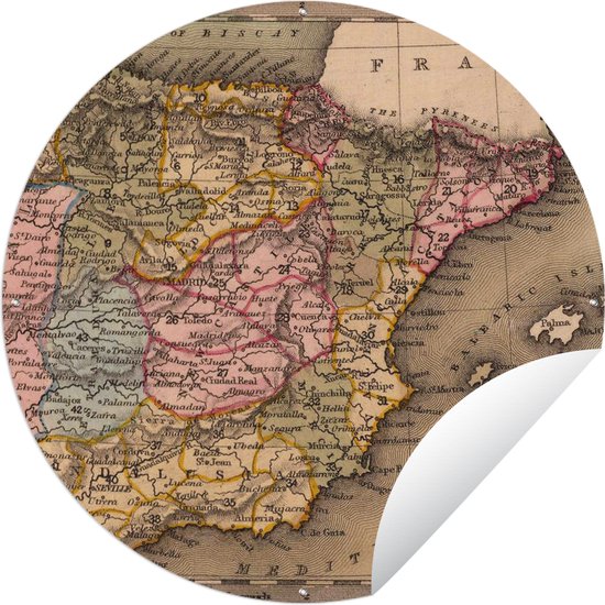 Tuincirkel Landkaart - Spanje - Iberië - Vintage - 120x120 cm - Ronde Tuinposter - Buiten XXL / Groot formaat!