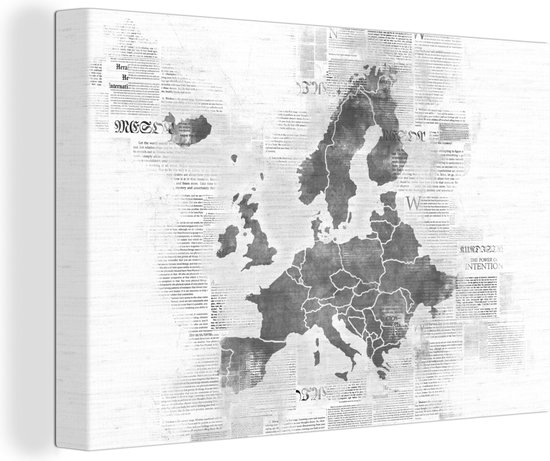 Canvas Schilderij Europakaart op krantenpapier - zwart wit - 120x80 cm - Wanddecoratie