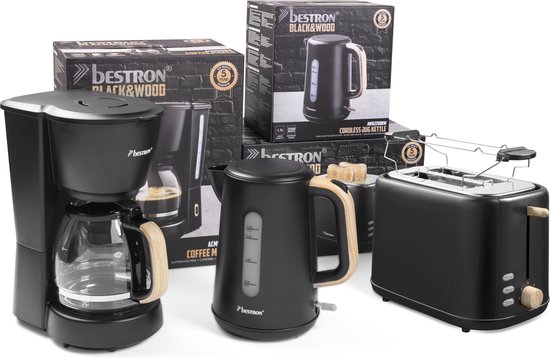 Bestron Filter Coffee Maker - 10 Cups, 1.5L Glass Carafe, Black & Wood