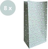 8 x Papieren XL Traktatie Uitdeelzakjes Blokbodem | Groen Wit Hartjes | Cadeauzakjes | 14 x 8 x 26 cm