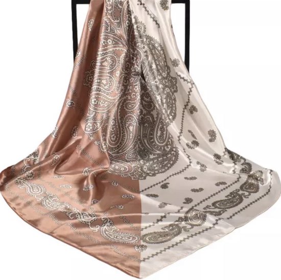 Sjaal-Bruin-Ivoor-foulard-90 x 90 -Polyester-Charme Bijoux