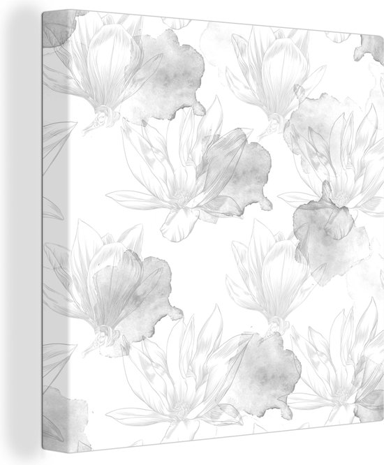 Canvas Schilderij Lente illustratie magnolia bloemen - zwart wit - 20x20 cm - Wanddecoratie