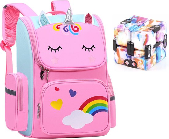 Unicorn Speelgoed - Schooltas meisje - Fidget Toys - Pop it infinty cube- Kinderrugzak - Rugtas meisje - Roze - 40 x 27 x 15 cm