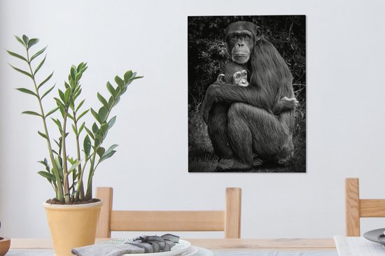 Tableau sur toile Chimpanzé protecteur avec son petit - noir et blanc - 30x40 cm - Décoration murale