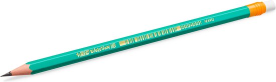 Crayon vert avec gomme orange, logo BIC et code-barres, sur fond blanc.