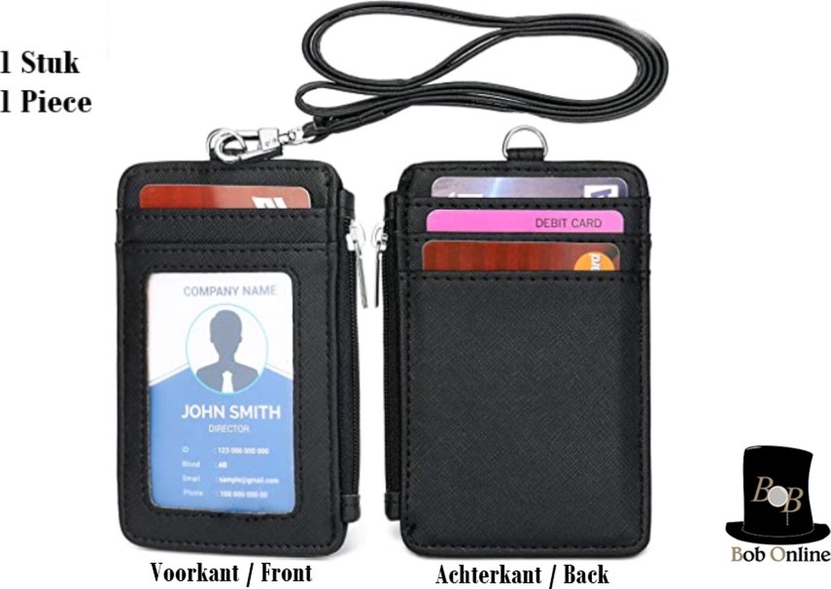 Bob Online ™ - Setje - Zwart - 1 x Verticale ID- Badgehouder + 1 x PU-leer Lanyard – Badgehouder met ritssluiting – 5 Kaartsleuven – 48 cm Lanyard – Multifunctioneel ID-Kaarthouder – 1 x Vertical PU Leather ID Badge Holder + 1 x PU Leather Lanyard