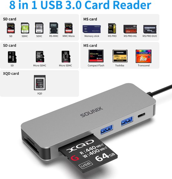Sounix SD kaartlezer - 8 in 1 - USB C Cardreader - CF/SD/SDHC,TF/Micro SD/MS, XQD - 2 x USB 3.0 - Grijs - Sounix