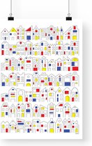 Poster 'Hollandse Herenhuizen' - A3 formaat - huis illustratie | mondriaan kleuren | nederlandse huizen | stad amsterdam skyline